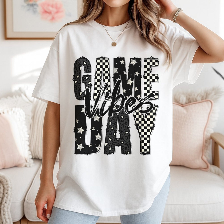 Game Day Vibes T-Shirt | Checkered And Leopard Print Graphic | 100% Cotton Premium Tee | Football Mom Sport Gift For Her