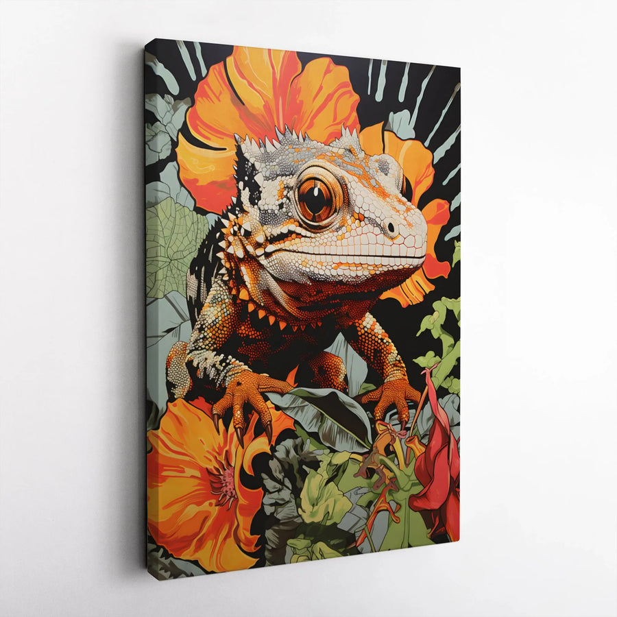 Gecko Canvas Wall Art | Vibrant Tropical Lizard with Orange Flowers | Premium Gallery-Wrapped Print | Reptile Lover Home Decor Gift