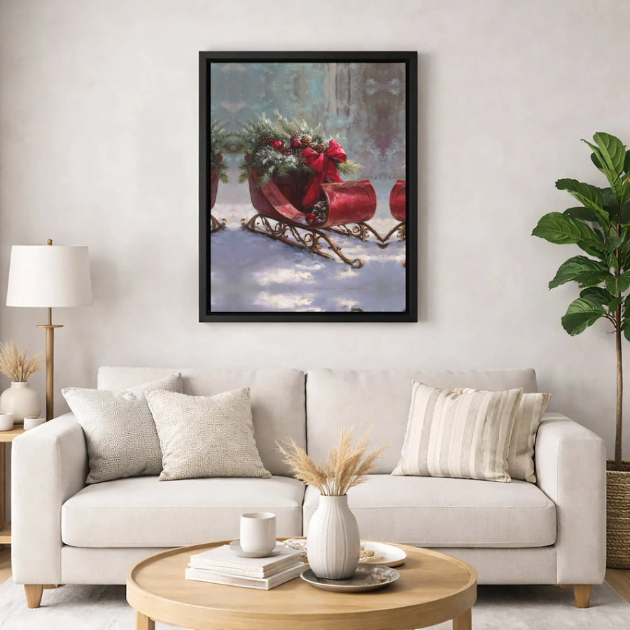 Vintage Christmas Sleigh Canvas Art | Snowy Pine Decor with Red Bow | Premium 1.25 Inch Gallery Wrap | Festive Holiday Wall Decor for Home