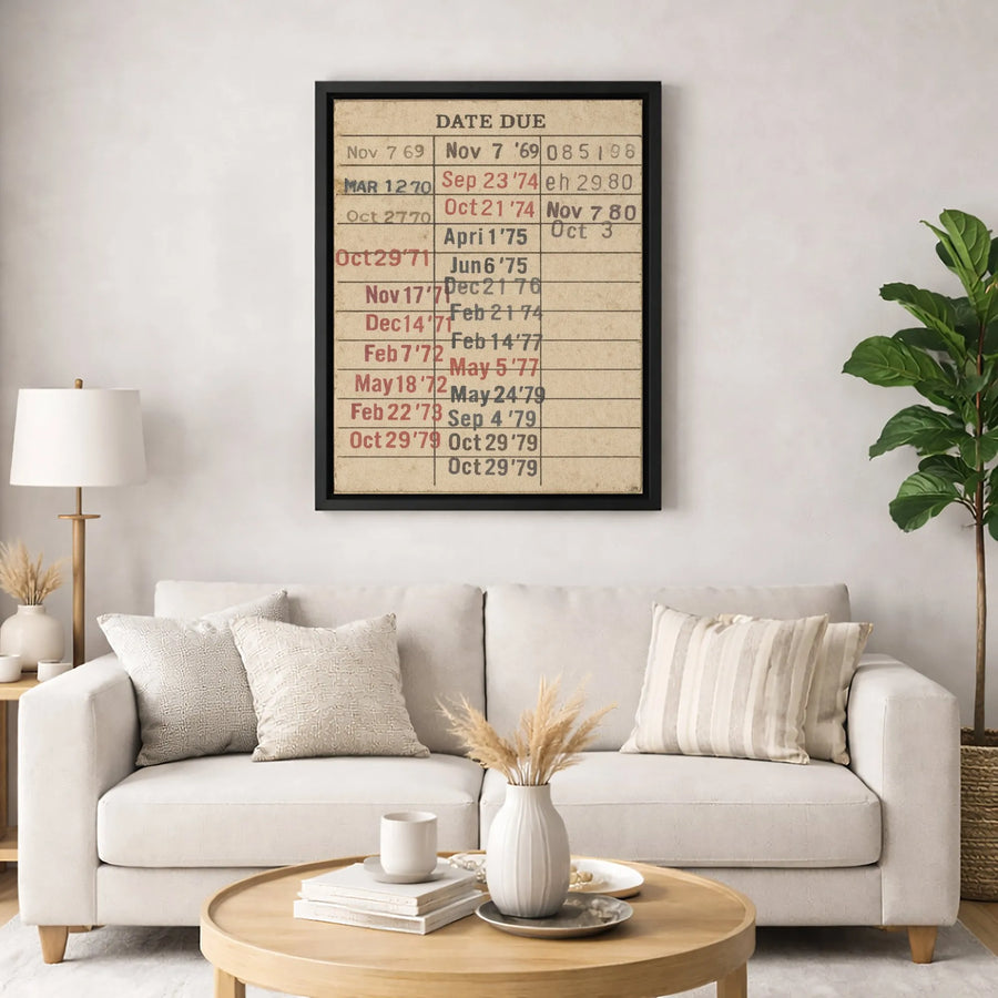 Vintage Library Card Canvas Print | Retro Date Due Book Checkout Wall Art | Premium 1.25" Gallery Wrapped Canvas | Literary Home Office Decor Gift