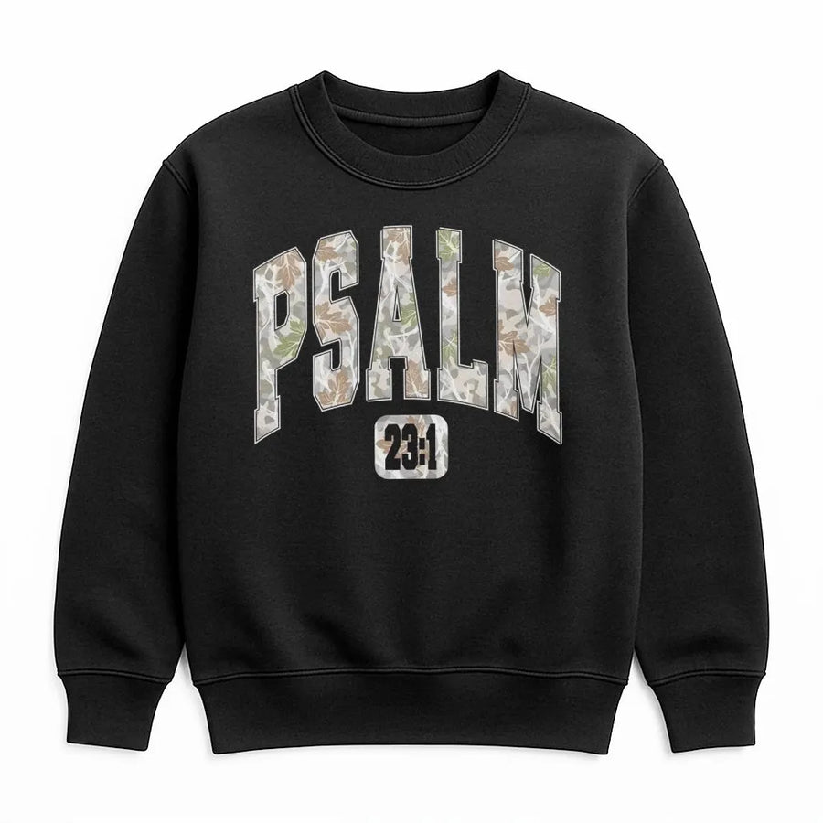 Psalm 23:1 Sweatshirt | Camo Leaf Varsity Print | Premium Cotton Blend | Christian Faith Gift for Him or Her