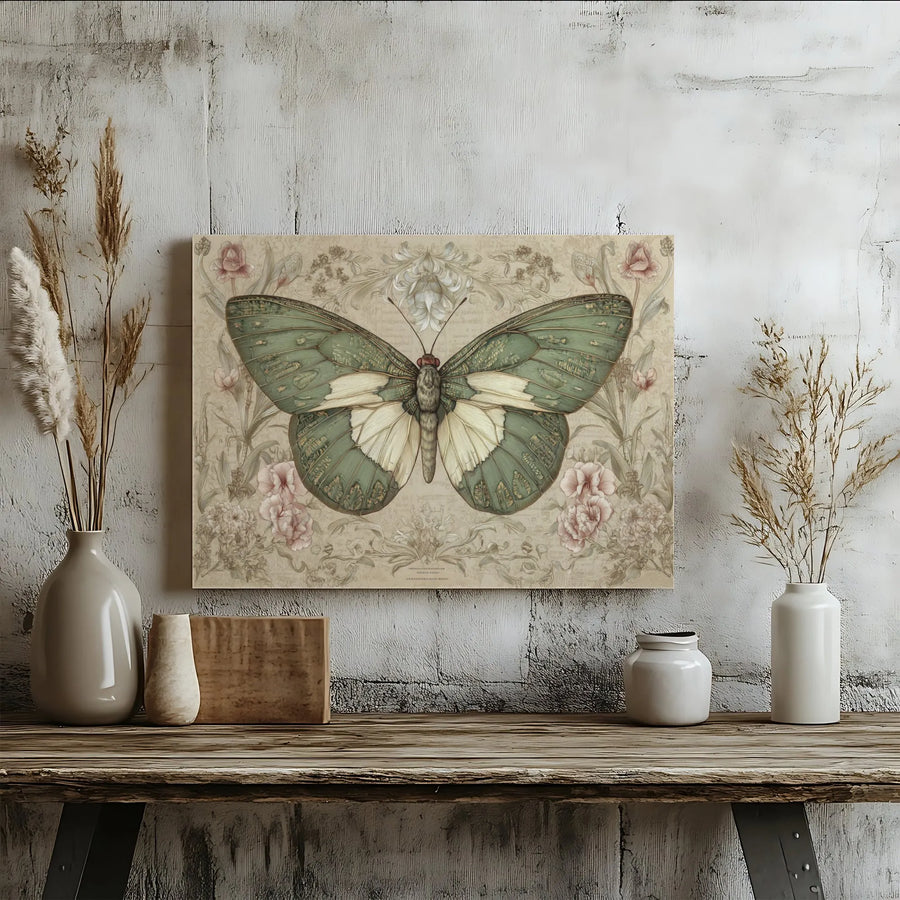 Vintage Botanical Butterfly Canvas Art | Sage Green Floral Illustration Print | Premium Fade-Resistant Gallery Wrap | Elegant Home Decor Wall Hanging