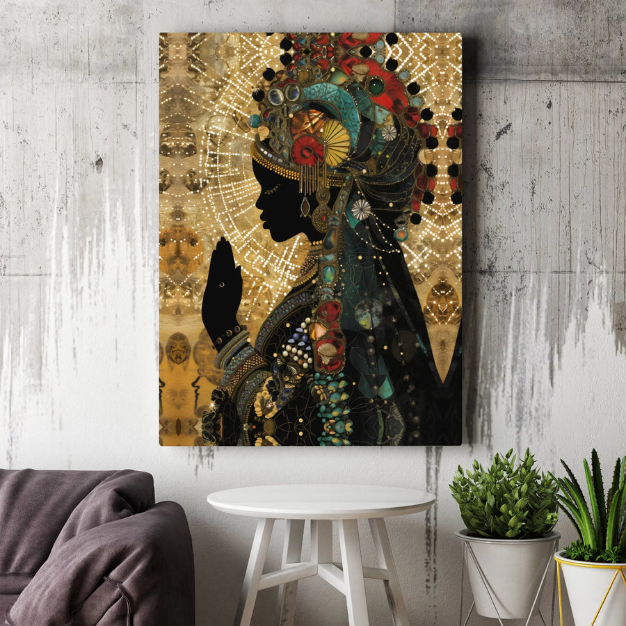 African American Wall Art | Praying Woman Silhouette with Golden Headdress | Premium Gallery Wrapped Canvas | Spiritual Home Decor Gift