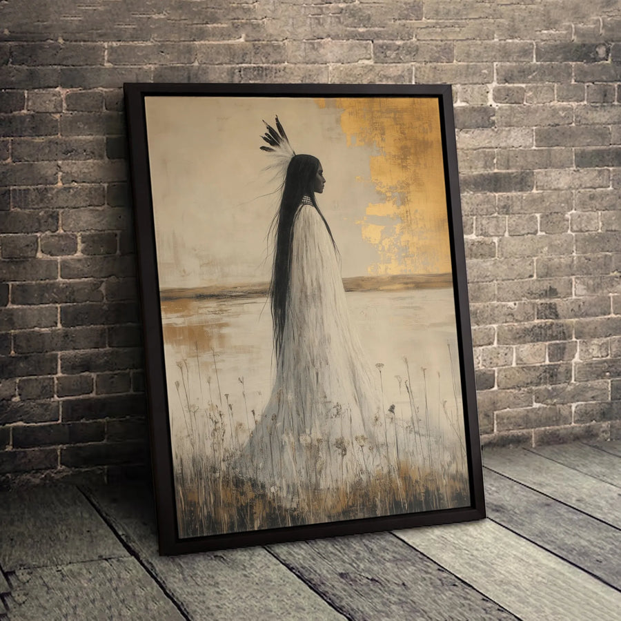 Native American Woman Canvas Wall Art | Golden Feather Portrait | Premium Fade-Resistant Gallery Wrap | Elegant Southwestern Home Decor Gift