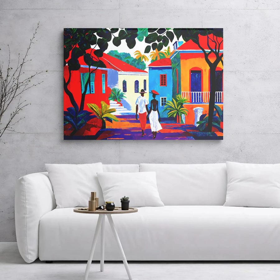 Caribbean Street Scene Canvas | Vibrant Black Couple Art Print | Premium 1.25" Gallery Wrap | Cultural Home Decor Gift