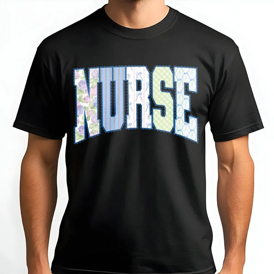 Nurse T-Shirt | Coquette Floral Patchwork Lettering | 100% Cotton Premium Tee | Cute Nursing Graduation Gift for Women & Students