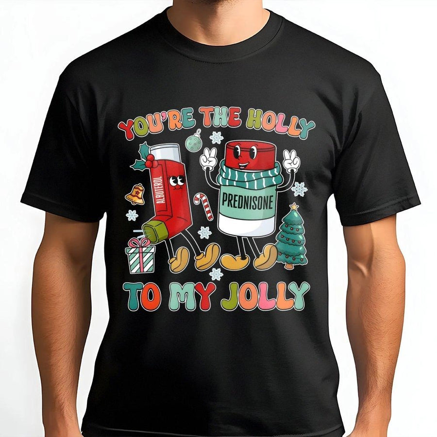 Respiratory Therapist Christmas T-Shirt | Holly Jolly Inhaler Medical Pun | Premium Cotton Retro Graphic Tee | Funny RT Gift for Nurse Doctor