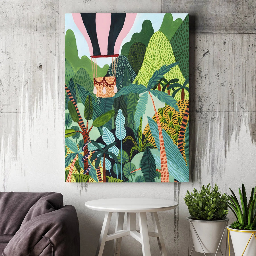 Jungle Hot Air Balloon Canvas Art | Vibrant Tropical Rainforest Illustration | Premium Gallery Wrap Canvas | Adventure Nursery Wall Decor Gift