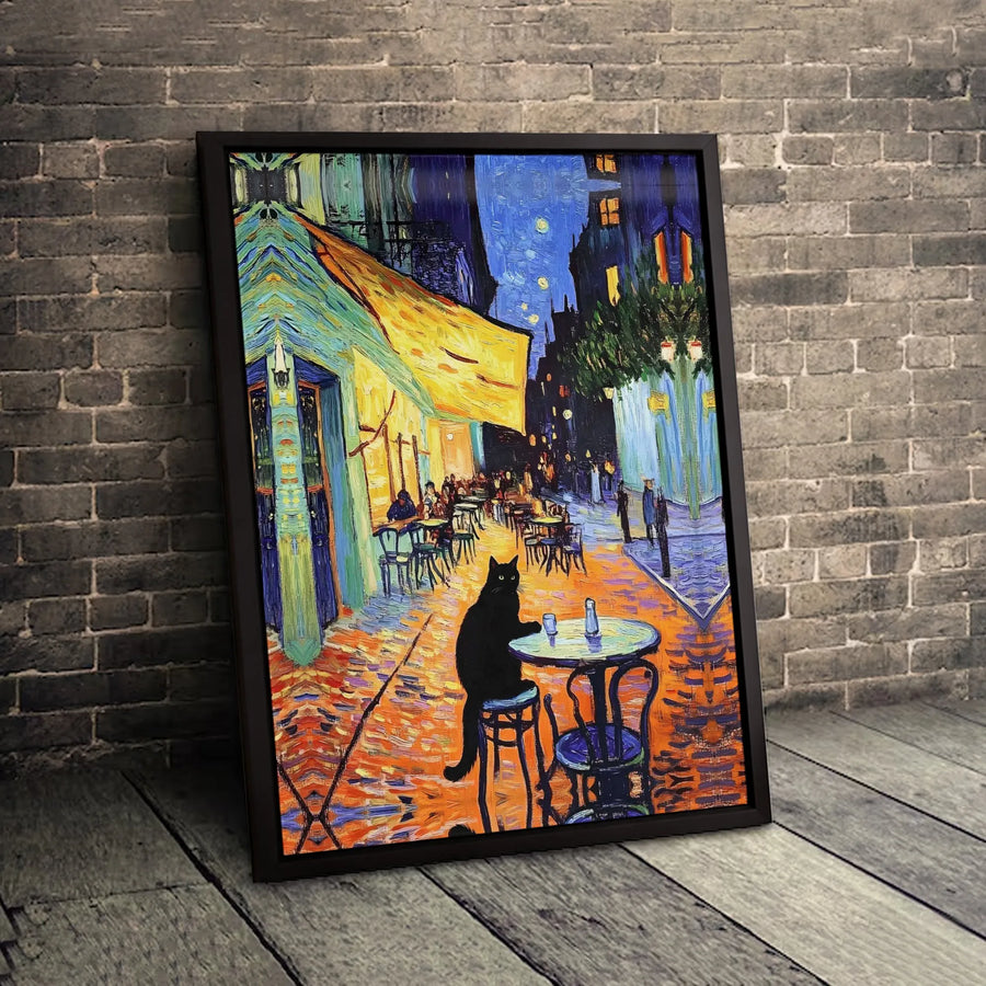 Black Cat Canvas Wall Art | Van Gogh Cafe Terrace Parody | 1.25-Inch Gallery Wrap | Whimsical Famous Painting Gift for Cat Lovers