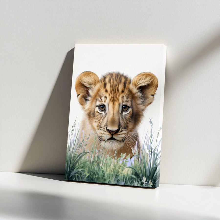 Baby Lion Cub Canvas Wall Art | Watercolor Safari Nursery Decor | Premium Gallery Wrap Print | Cute Wildlife Animal Portrait for Kids Room