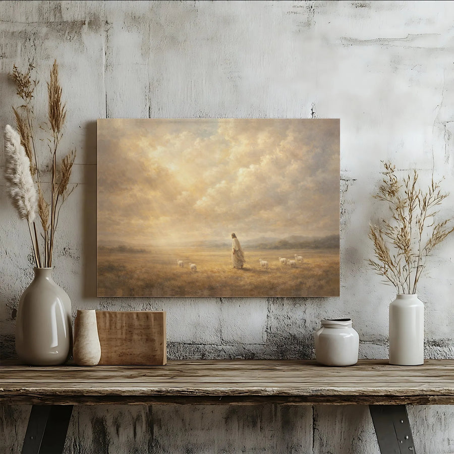 Good Shepherd Jesus Christian Wall Art Horizontal Canvas | Classic Painterly Landscape with Sheep | Fade-Resistant 1.25" Profile | Premium Sacred Collector's Gift for Home Decor