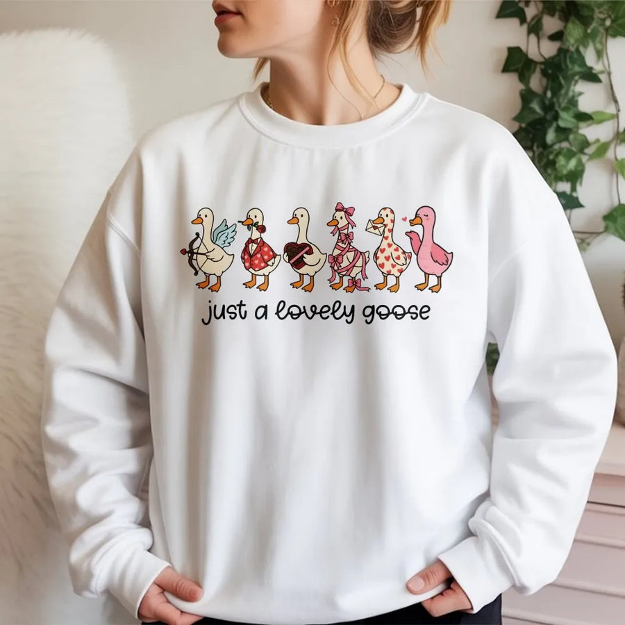 Just A Lovely Goose Sweatshirt | Valentine Heart Cute Bird Graphic | Soft Cotton Premium Blend | Funny Animal Gift For Her And Him