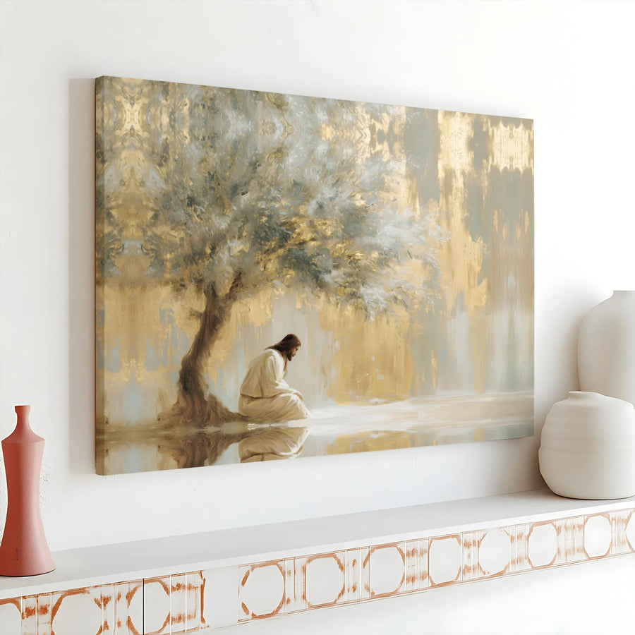 Jesus Christ Canvas Print | Religious Kneeling Under Tree Abstract | 1.25" Gallery Wrap Premium Art | Christian Home Decor Wall Gift