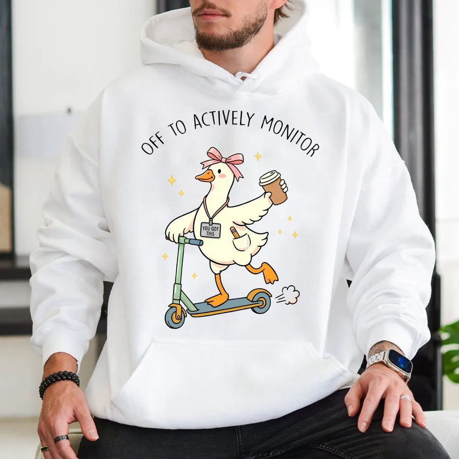 Funny Teacher Testing Shirt | Goose on Scooter 'Actively Monitor' Tee | Soft Cotton Graphic Hoodie | Test Day Proctor Gift for School Staff