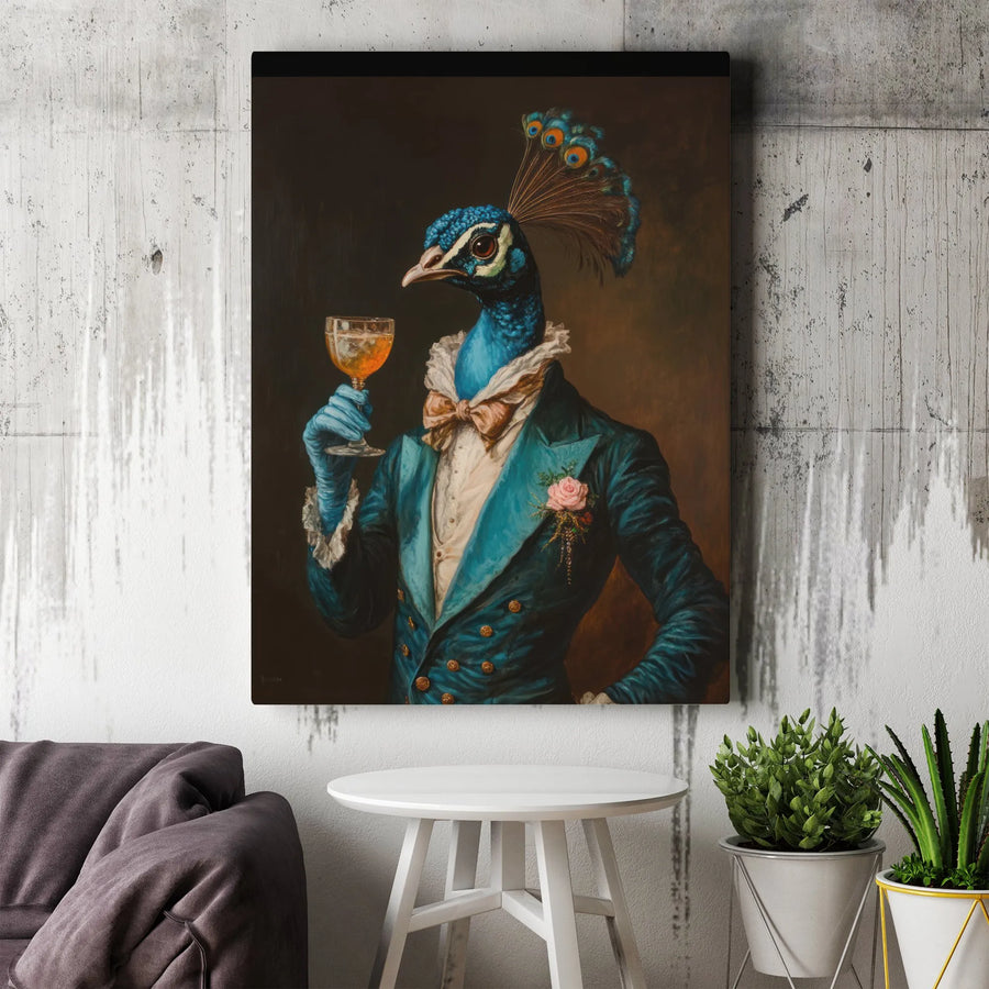 Dapper Peacock Wall Art | Sophisticated Animal Portrait in Blue Tuxedo | Premium Gallery-Wrap Canvas | Quirky Home Office Decor Gift