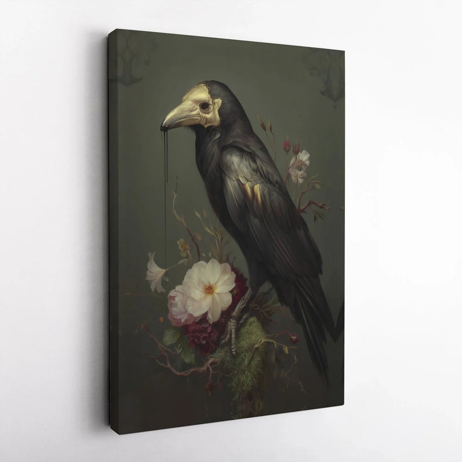 Gothic Raven Canvas Wall Art | Dark Academia Gold Skull Crow & Floral Print | Premium Gallery Wrapped Canvas | Moody Goth Home Decor Collector's Gift