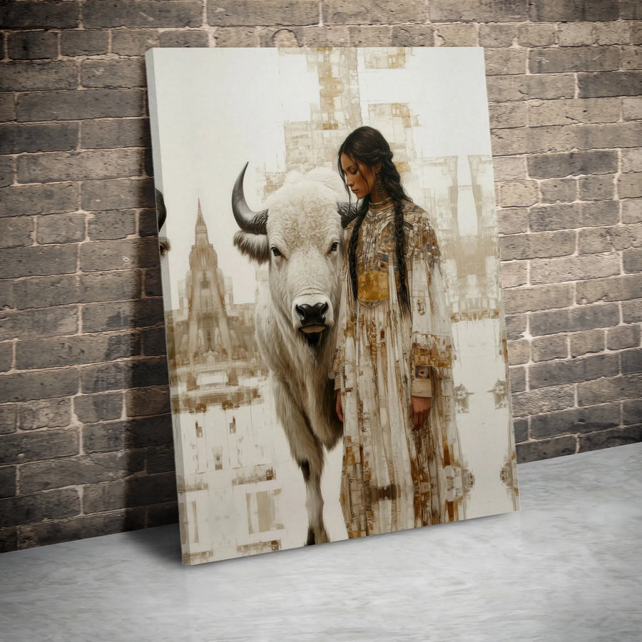 White Buffalo Canvas Wall Art | Spiritual Native Woman and Bison Portrait | Premium Gallery Wrapped Canvas | Southwestern Home Decor Gift