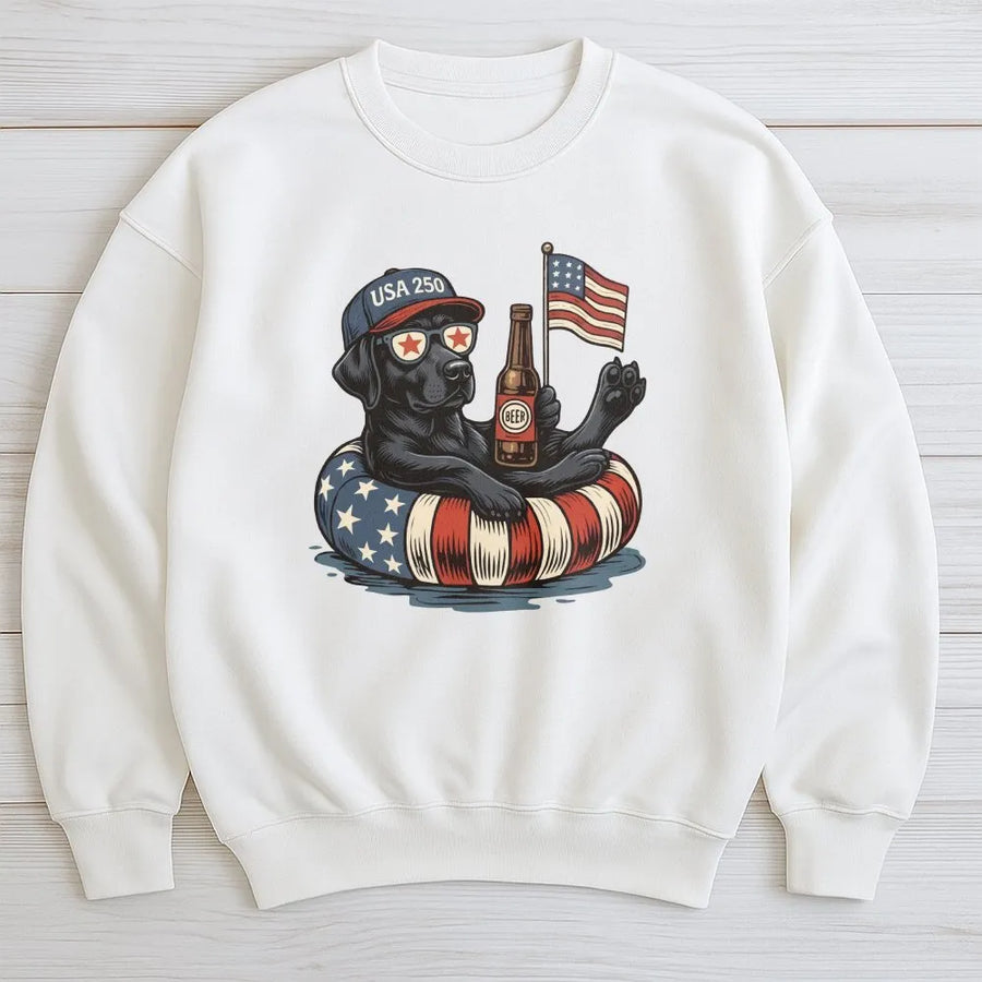 USA 250th Anniversary Dog Sweatshirt | Funny Patriotic Black Lab with American Flag | Soft Cotton Blend | Independence Day Gift for Dog Lovers