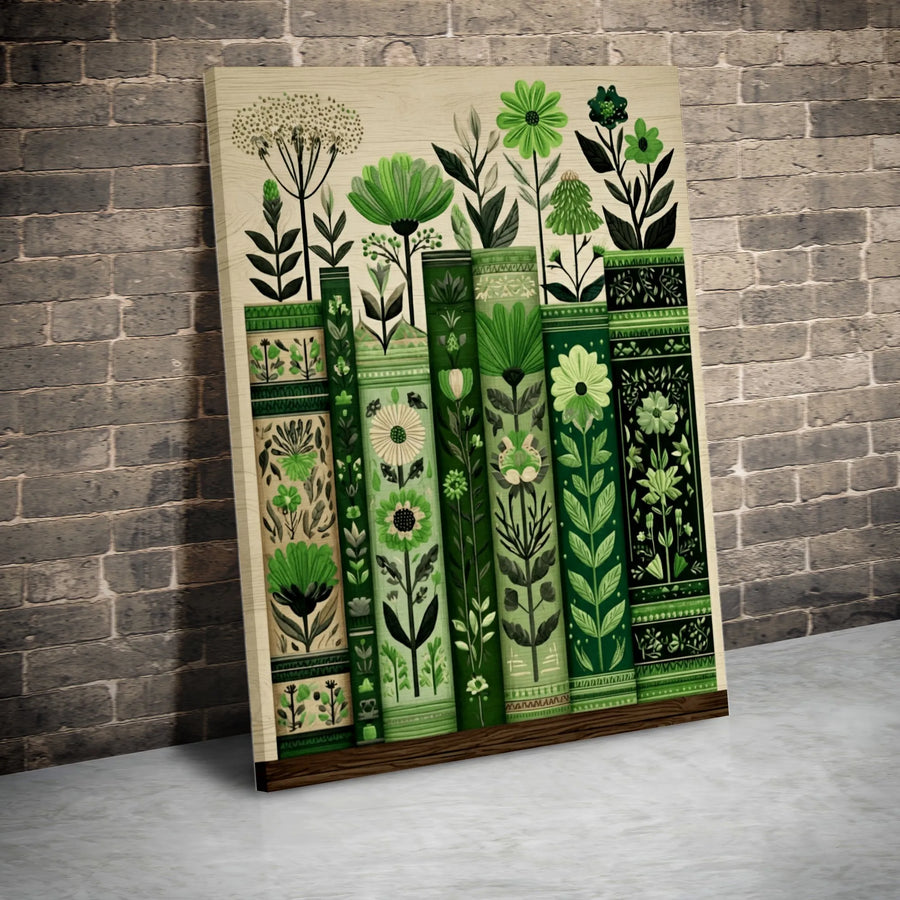 Botanical Bookshelf Canvas Wall Art | Green Floral Book Spine Illustration | Premium Gallery Print | Gift for Book Lover, Library Decor