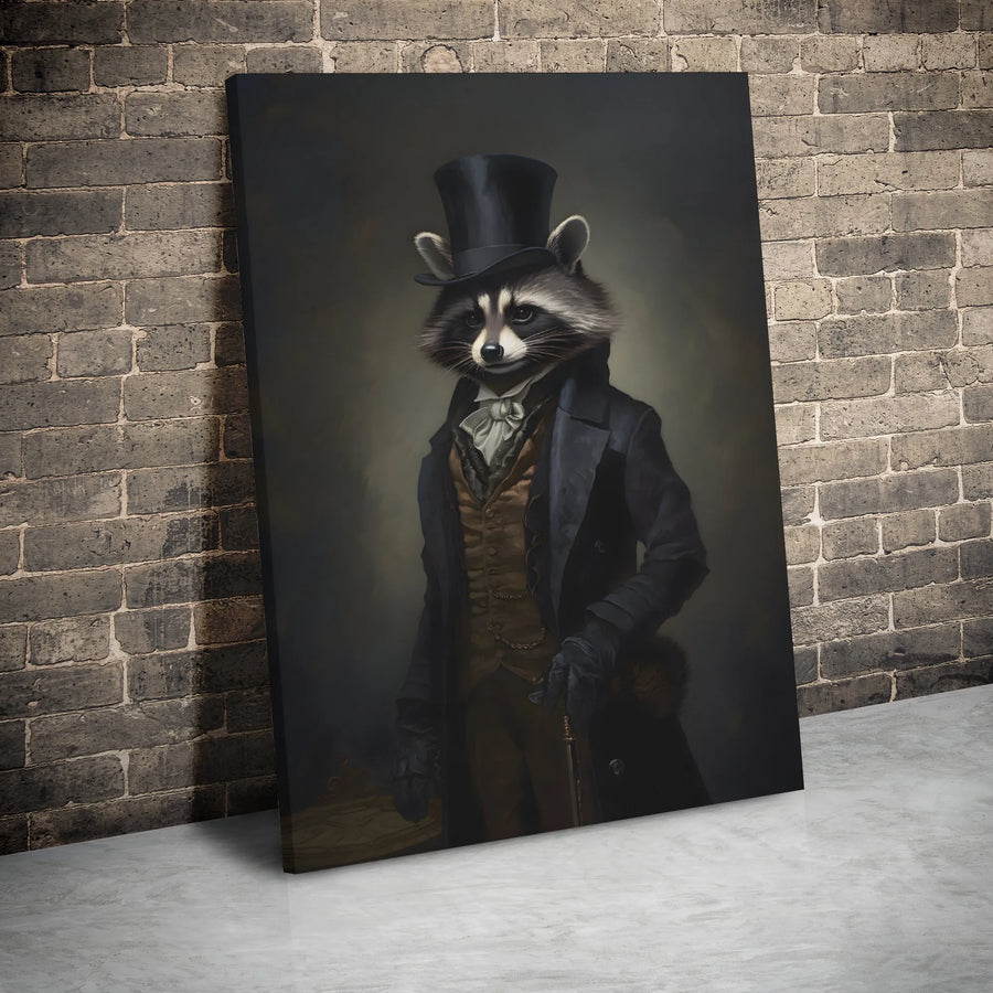 Victorian Raccoon Gentleman Canvas Print | Whimsical Anthropomorphic Animal Portrait | 1.25" Gallery Wrap | Unique Home Office Wall Decor Gift