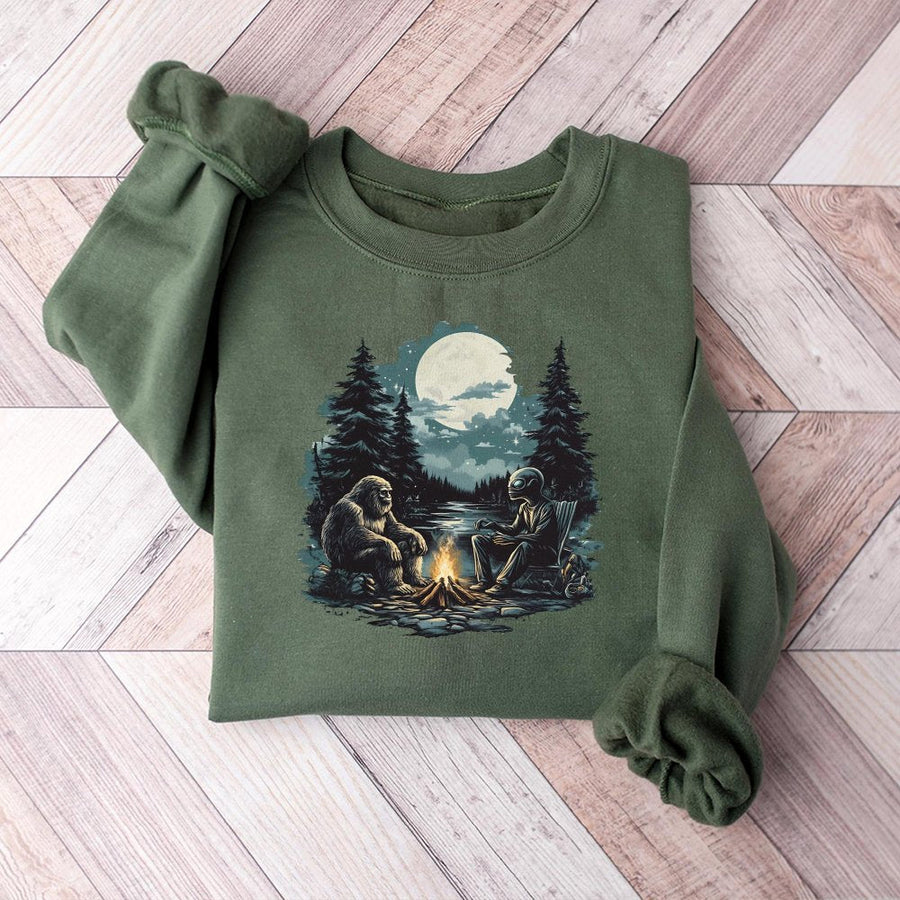 Bigfoot and Alien Camping Sweatshirt | Funny Cryptid Campfire Graphic | Premium Cotton Blend Crewneck | Unique Gift for UFO Enthusiasts