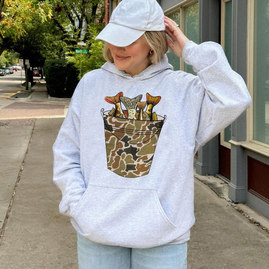 Fishing Hoodie | Camo Bucket Catch Graphic | Premium Cotton Blend Pullover | Outdoorsman Gift for Men and Women