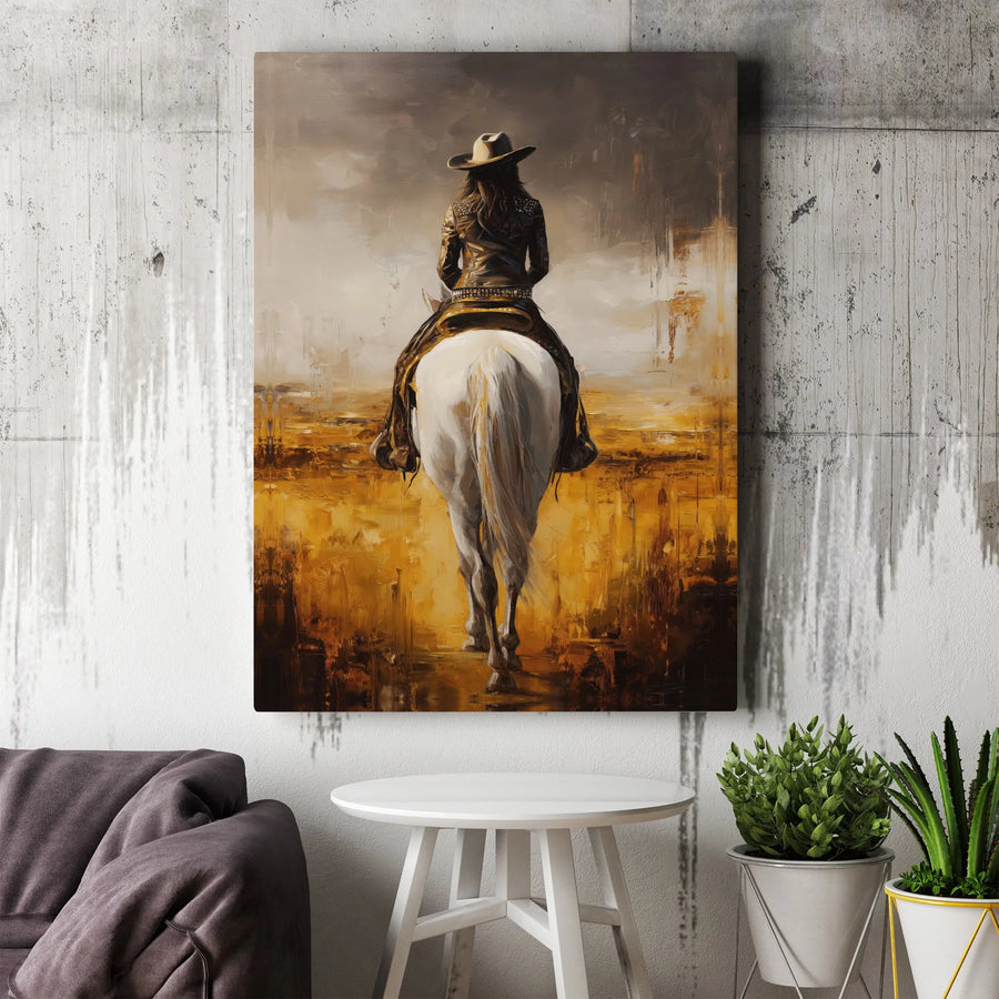 Western Cowgirl Canvas Wall Art | Abstract Horse Painting Print | Premium Thick Gallery Wrapped Canvas | Rustic Farmhouse Decor Gift