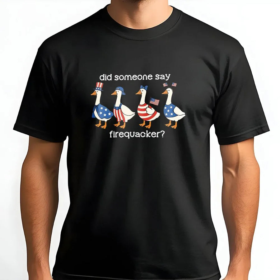 Firequacker Goose T-Shirt | Funny 4th of July Patriotic Graphic | 100% Soft Cotton Tee | Cute American Flag Bird Gift for Men and Women