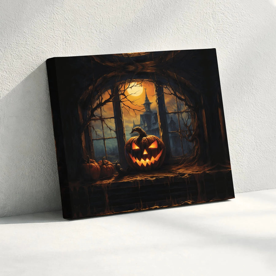 Haunted House Halloween Canvas Art | Glowing Jack-O'-Lantern Windowsill Print | Premium Gallery-Wrapped Wall Decor | Spooky Gothic Home Gift