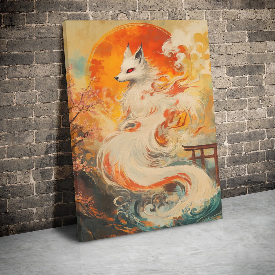 Japanese Kitsune Canvas Wall Art | Nine-Tailed Fox Mythical Forest Decor | Premium Gallery Wrap Print | Zen Asian Home Gift for Fans