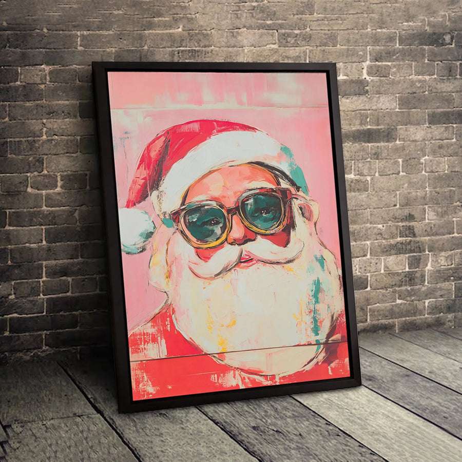 Cool Santa Claus Canvas Wall Art | Abstract Holiday Portrait with Sunglasses | Premium 1.25" Gallery Wrap | Modern Christmas Home Decor Gift