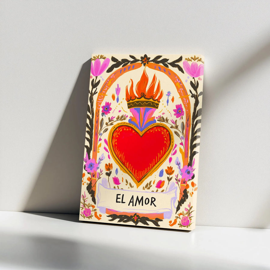 Sacred Heart Canvas Wall Art | El Amor Lotería Style Mexican Folk Art | Premium Gallery Wrapped Canvas | Boho Home Decor Gift