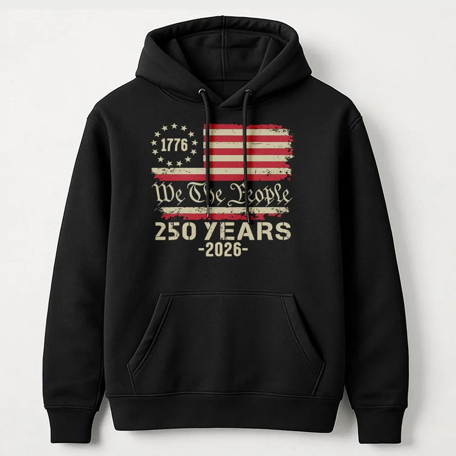 We The People 250th Anniversary Hoodie | Distressed 1776 USA Flag Graphic | Premium Cotton-Poly Blend | Patriotic Gift for Independence Day 2026
