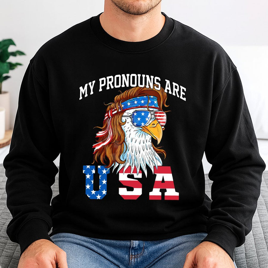 My Pronouns Are USA Sweatshirt | Funny Patriotic Eagle Mullet Design | Premium Cotton Blend | Gift for July 4th Independence Day Patriotic Men Women