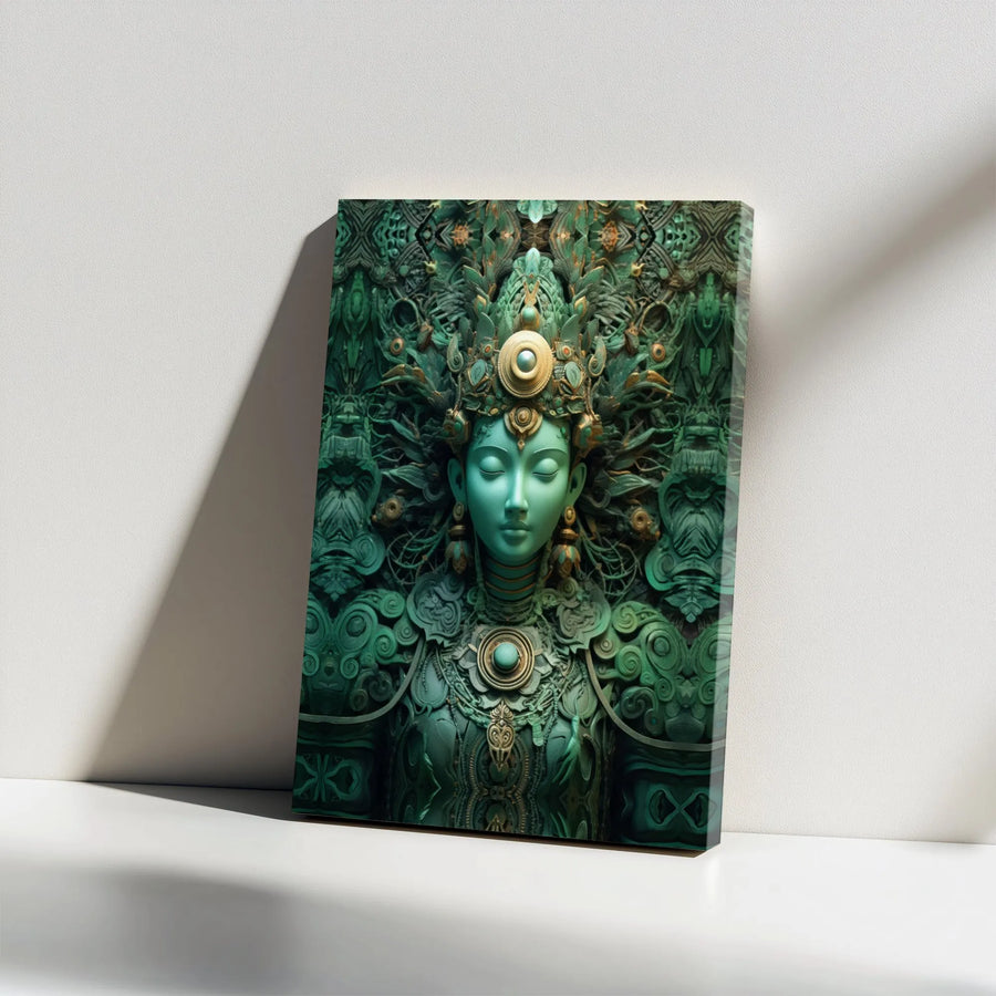 Mystical Jade Goddess Canvas Art | Intricate Headdress Portrait | Premium Gallery Wrap Wall Decor | Spiritual Zen Home Office Gift