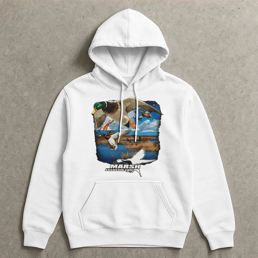 Duck Hunting Hoodie | Mallard In Flight Wildlife Graphic | Premium Cotton Blend | Gift for Hunter Outdoor Enthusiast