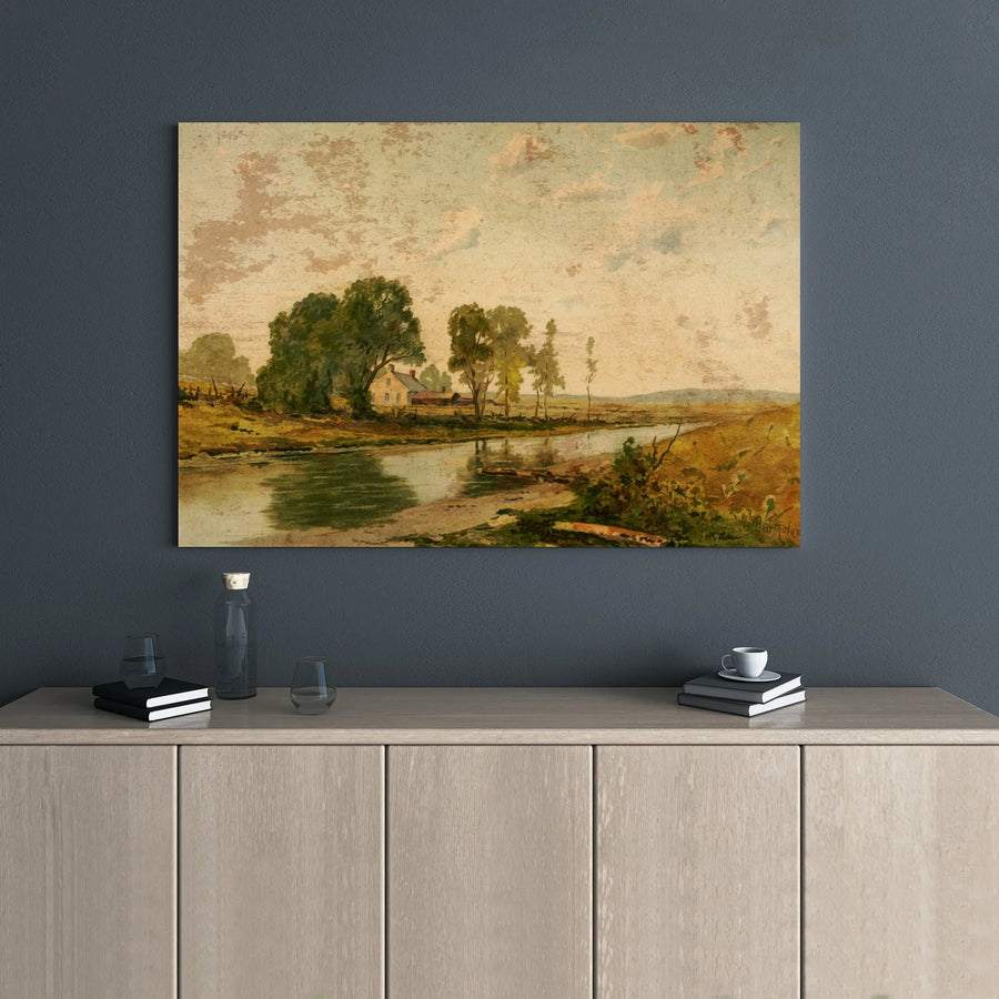 Vintage River Landscape Canvas Art | Farmhouse Pastoral Scene Print | Premium Gallery Wrap Wall Decor | Rustic Nature Oil Painting Style Gift