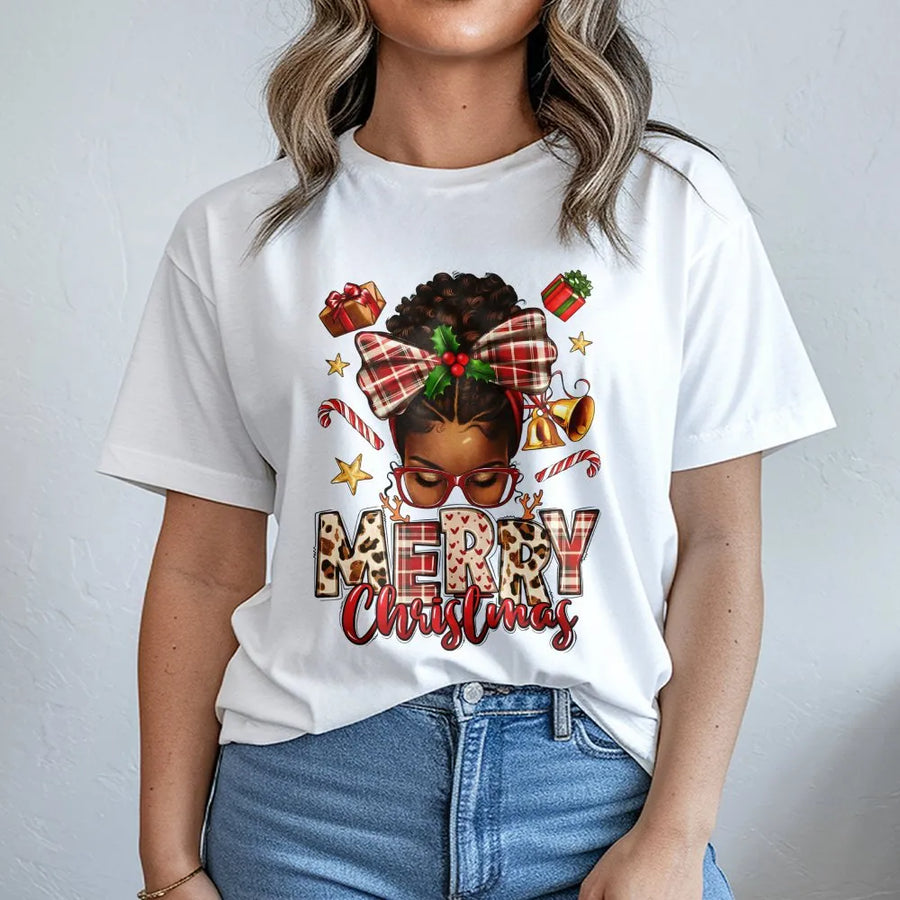 African American Merry Christmas T-Shirt | Afrocentric Holiday Woman Design | Premium Soft Cotton Tee | Festive Melanin Queen Gift Idea
