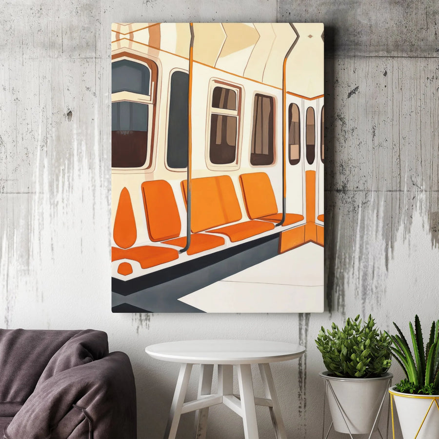 Subway Car Canvas Wall Art | Mid-Century Modern Orange Train Interior | Gallery-Quality 1.25 Inch Thick Print | Urban City Commuter Home Decor