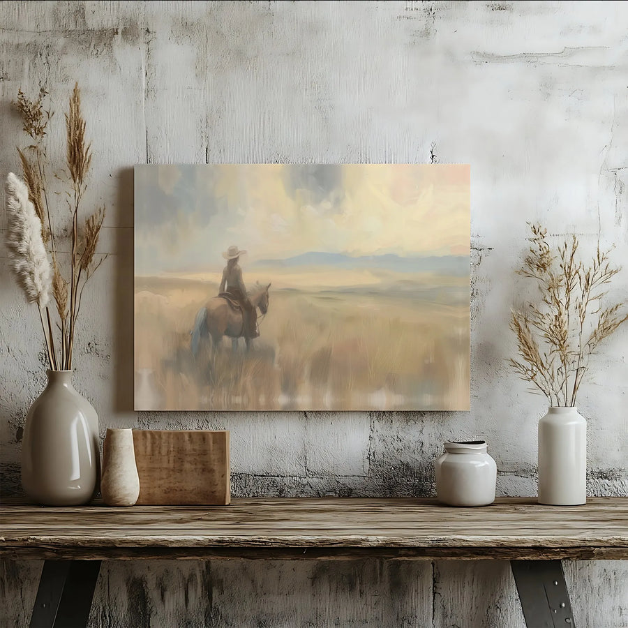 Western Cowgirl Canvas Wall Art | Equestrian Landscape Oil Painting Style | Premium 1.25" Thick Gallery Wrap | Southwestern Home Decor Gift