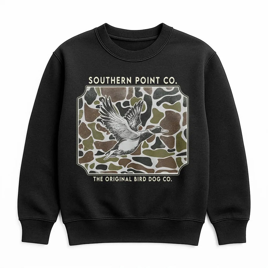 Duck Hunting Sweatshirt | Camo Flying Mallard Graphic Print | Premium Cotton Blend | Gift for Outdoorsmen and Wildlife Enthusiasts