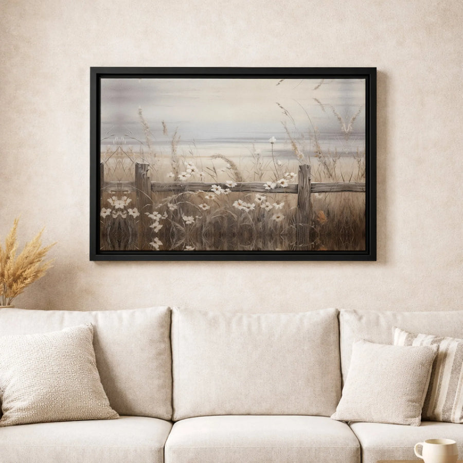 Rustic Meadow Canvas Wall Art | Wildflowers and Wooden Fence Painting | Premium Fade-Resistant Gallery Wrap | Farmhouse Home Decor Gift