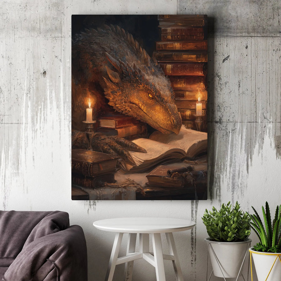 Dragon Reading Book Canvas Print | Candlelit Library Fantasy Wall Art | 1.25 Inch Gallery Wrap | Unique Gift for Bookworm and Fantasy Lover