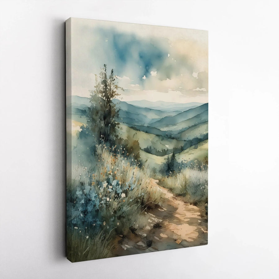 Watercolor Mountain Canvas | Serene Wildflower Landscape Wall Art | Premium Thick Gallery Print | Rustic Home Decor Gift for Nature Lovers