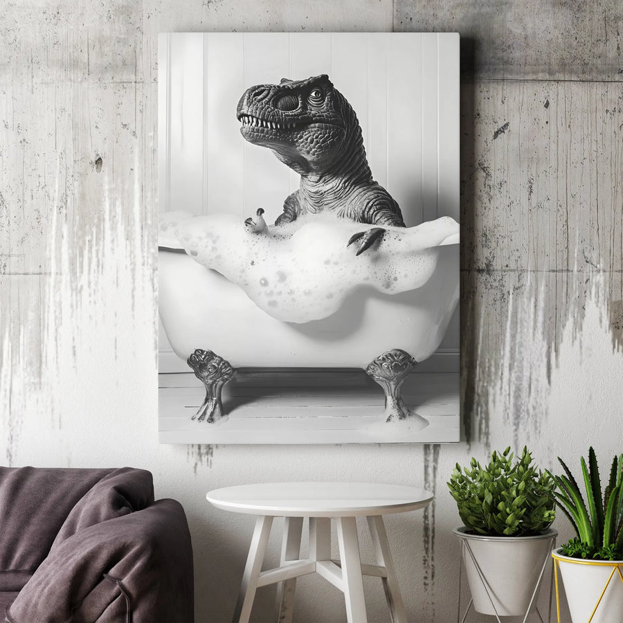 T-Rex in Bathtub Canvas | Funny Black and White Dinosaur Art | Premium Gallery Wrap Wall Decor | Quirky Bathroom Gift for Adults