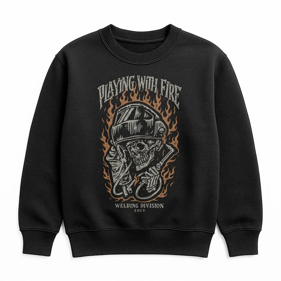 Welding Skull Sweatshirt | Playing With Fire Graphic Print | Premium Cotton Blend | Funny Mechanic Gift for Welder & Metalworker