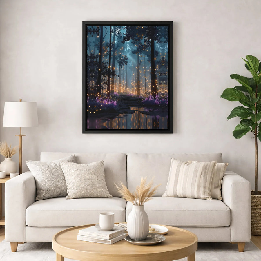 Enchanted Forest Canvas Wall Art | Magical Firefly Woodland Landscape | Premium Fade-Resistant Print | Mystical Nature Decor for Home Office