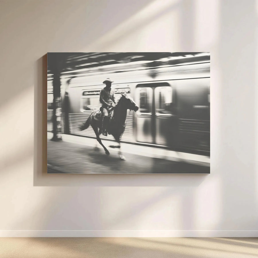 Cowboy Riding Horse Canvas Art | Surreal Subway Train Motion Photography | Gallery Wrapped Premium Wall Decor | Western Modern Home Gift