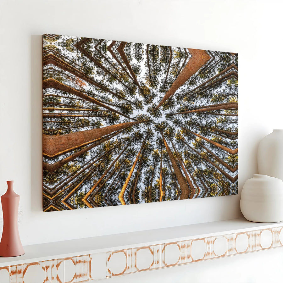 Pine Tree Forest Canvas Print | Abstract Kaleidoscope Woodland Art | Premium Gallery Wrapped Canvas | Modern Cabin & Office Wall Decor Gift