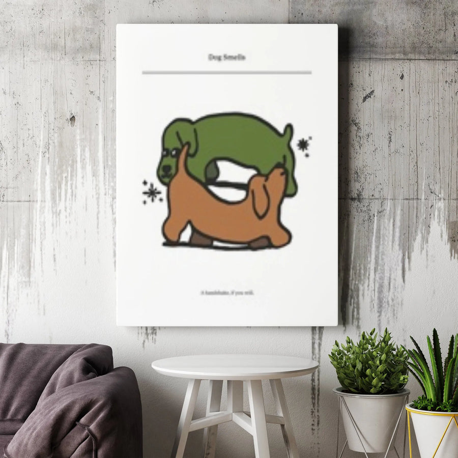 Funny Dog Vertical Canvas | Dog Smells Meme Cartoon Illustration | Premium Gallery Wrapped Art | Humorous Gift for Dog Owner or Vet Office Decor